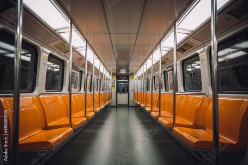Empty subway car. Interior of the metro train with seats. Generative AI