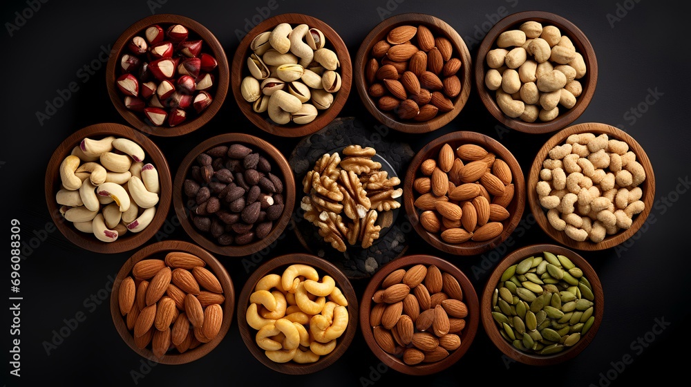 Assortment of nuts in wooden bowls on black background. Top view. Assortment of nuts in wooden bowls on black background. Top view.