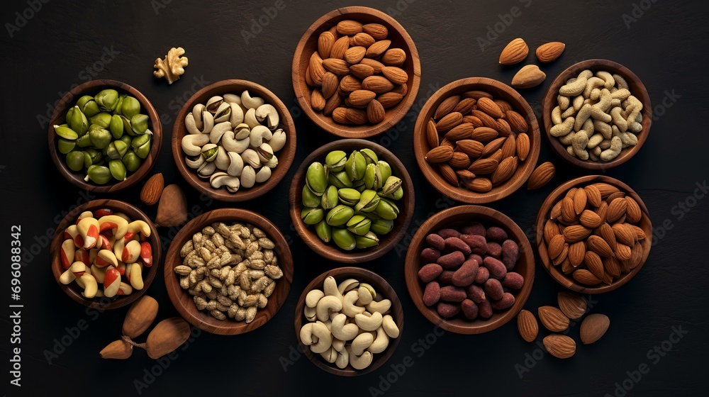 Variety of nuts in wooden bowls on black background, top view Variety of nuts in wooden bowls on black background, top view