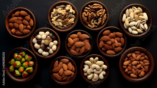 Assortment of nuts in bowls on black background. Top view.