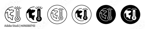 Global warming icon. world globe with thermometer to measure environment temperature causing global warming and climate change of earth planet symbol set vector sign. global warming effect mark