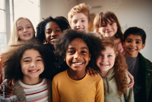 Close-up portrait of a group of interracial children of different ages standing together and laughing in a bright room with large windows, generated ai © Ihor Korsunsky