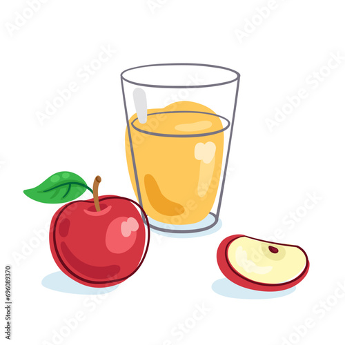 Big glass of apple juice and a fresh apple. Picture in line style. Dark outline with colored spots. Isolated on white background. Vector flat illustration.17