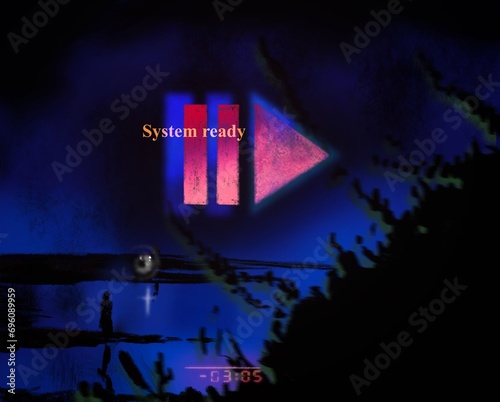 Night digital illustration of landscape and sky with grass silhouettes, system ready play button
