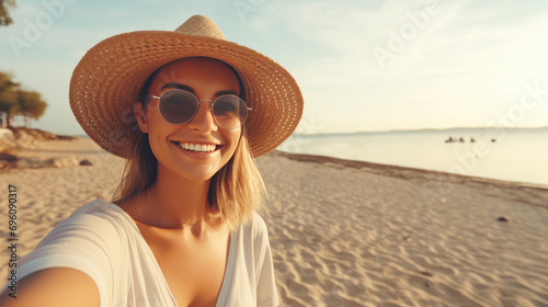  Happy Woman with Hat and Sunglasses Taking Selfie Picture with Smartphone at the Beach. Girl Smiling at Camera. Generative AI.