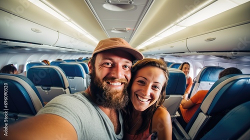 Cheerful Couple on Summer Vacation. Happy Tourist Taking Selfie Inside Airplane. Holidays And Transportation Concept. Generative AI © Nanci