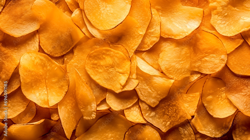 Potato chips background. Close up of yellow potato chips texture.
