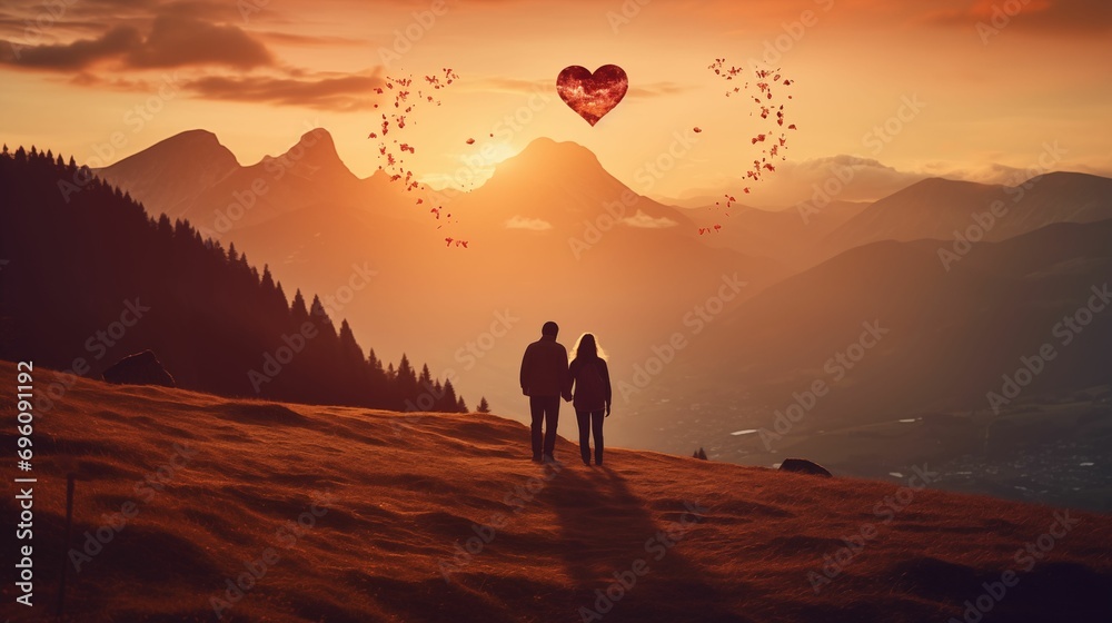 Two people exploring a mountain range and heart in background