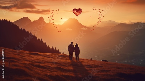 Two people exploring a mountain range and heart in background