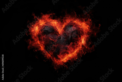 Fiery Heart with Dark Smoke on Black Background