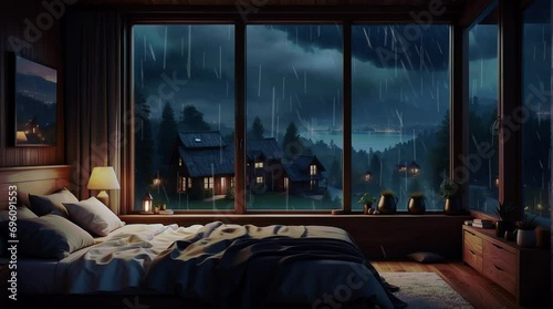 cozy bedroom with rain and storm photo
