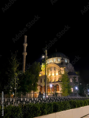 Nusretiye Mosque view at night. Nusretiye Mosque is an ornate mosque located in the Tophane district of Beyoglu, Istanbul, Turkey. photo