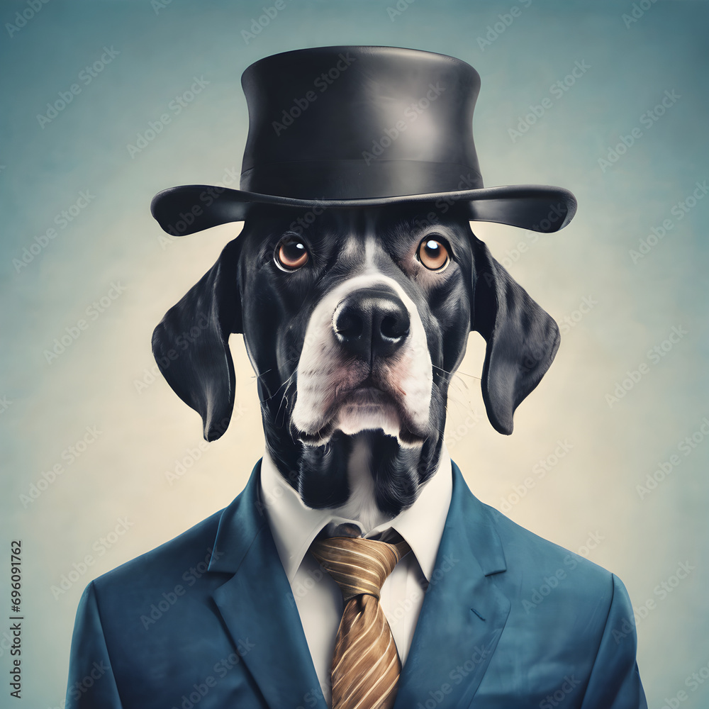 Dog, head and in business suit or worker on surrealism or management Dog, head and in business suit or worker on surrealism or management