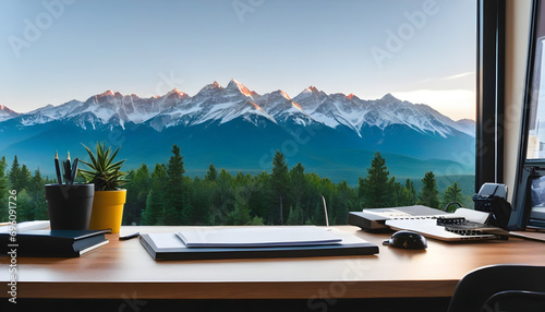 work desk with mountains in the background