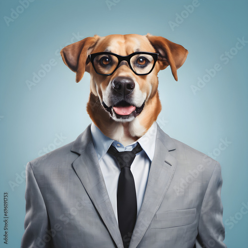 Dog, head and in business suit or worker on surrealism or management © Lasha Kilasonia