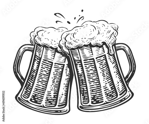 Two toasting beer mugs. Clinking glass tankards full of beer and splashed foam. Cheers, illustration photo