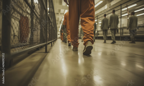 Prisoners legs in jail uniform walking along a corridor photo