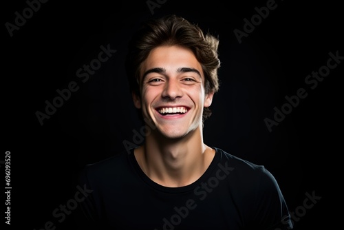 Portrait of a Young Man Smiling Isolated on a Black Background. Generative AI.