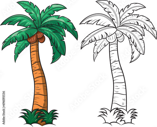 Palmeras cocoteras, ilustraciones vectoriales estilo cartoon a color y en blanco y negro para pintar.