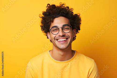 Confident White Man with Glasses Smiling on a Colored Background. Generative AI. photo