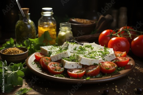Lettuce salad, tomato and feta cheese on a rustic wooden table., generative IA