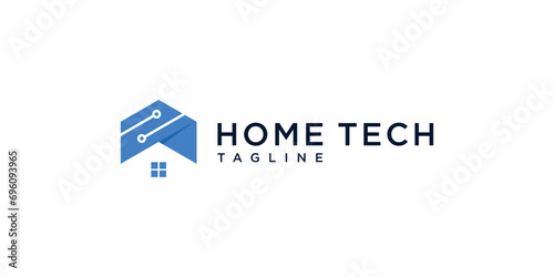 Minimalist home roof with tech digital logo design template.