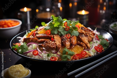 Asian chicken salad in a restaurant with oriental decoration.  generative IA