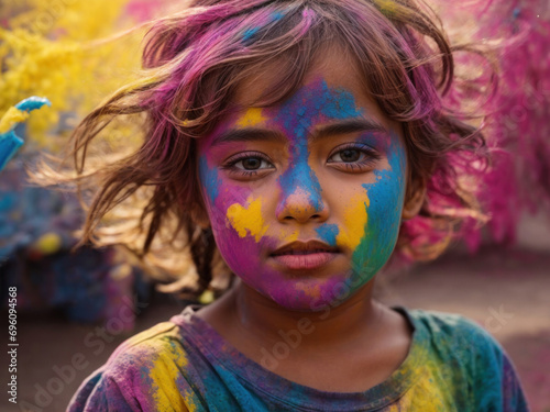 Colorful face of serious indian child girl in Holi festival.