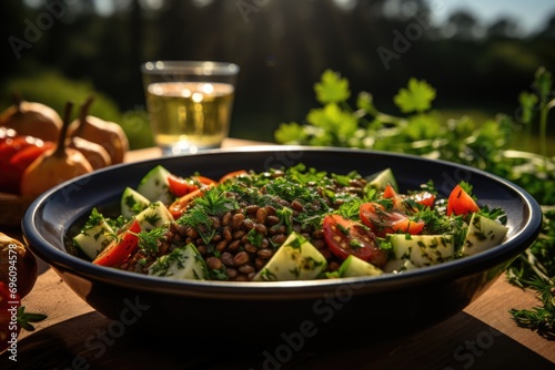 Lentil salad with goat cheese in a picnic in a green field., generative IA