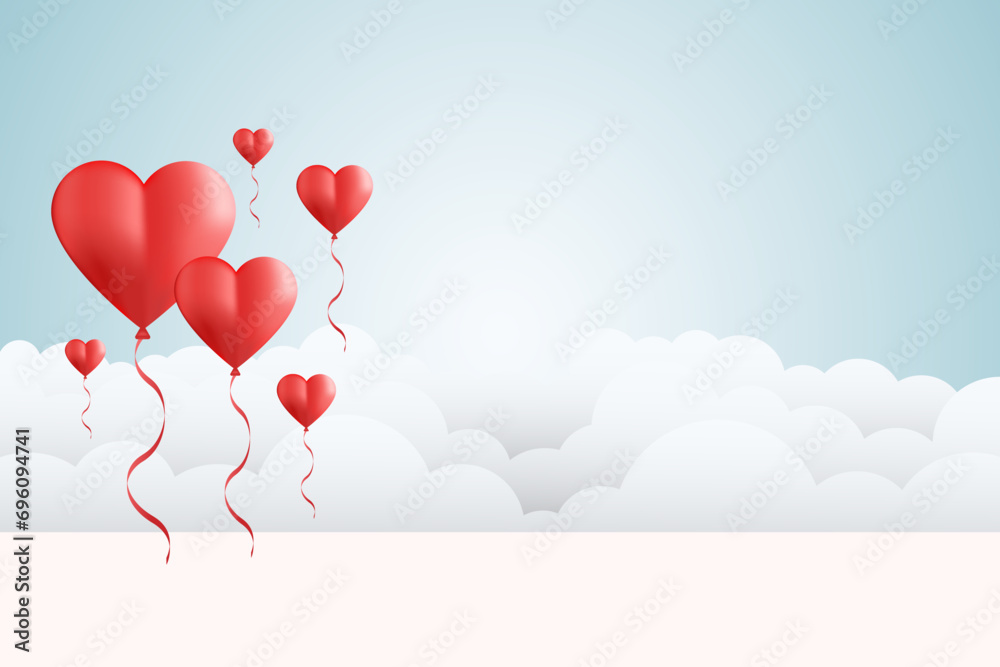 Heart shaped balloons flying on a blue background. Vector symbols of love for Valentine's Day. Vector illustration for your design
