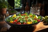 Quinoa salad with colorful vegetables in a glass bowl in a modern kitchen., generative IA