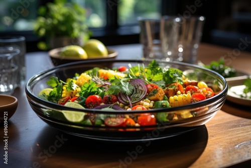 Quinoa salad with colorful vegetables in a glass bowl in a modern kitchen.  generative IA