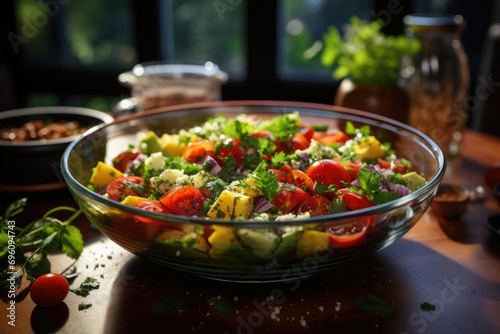 Quinoa salad with colorful vegetables in a glass bowl in a modern kitchen., generative IA