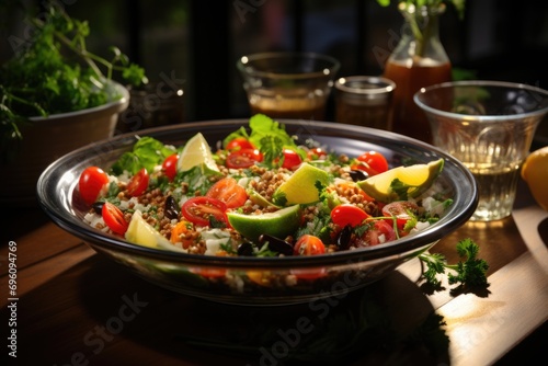Quinoa salad with colorful vegetables in a glass bowl in a modern kitchen., generative IA