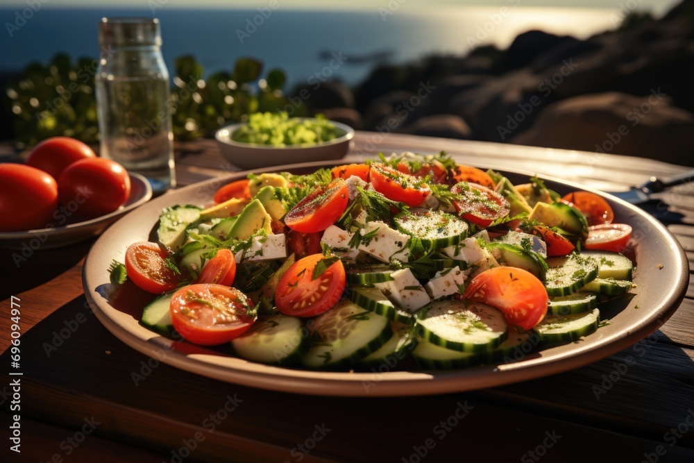 Tomato and cucumber salad in a Mediterranean restaurant by the sea., generative IA