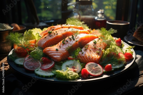 Smoked salmon salad in a restaurant on the edge of a serene lake., generative IA