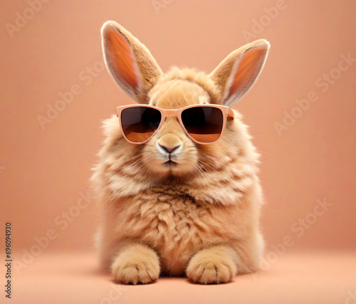Cool bunny with sunglasses on peach fuzz color background. Generative ai photo
