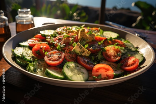 Tomato and cucumber salad in a Mediterranean restaurant by the sea.  generative IA