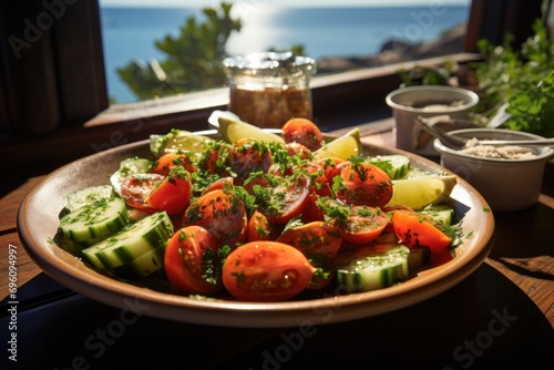 Tomato and cucumber salad in a Mediterranean restaurant by the sea.  generative IA