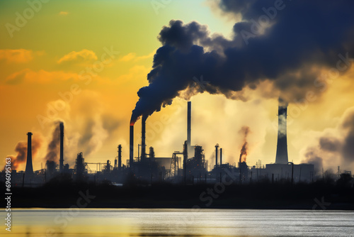 Oil refinery plant. Processing factory. Oil crude and gas refineries. Louisiana petrochemical plant Smoking chimneys. Toxic Smoke  Air Pollution  CO2 Crisis. Carbon dioxide emissions. Carbide plant.