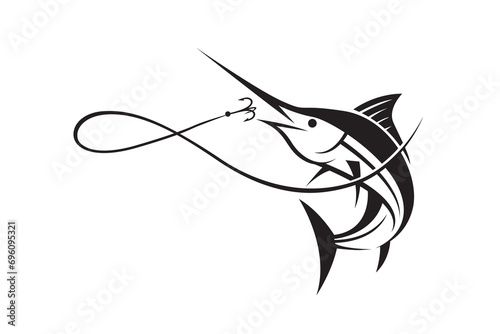 fishing emblem with marlin and hook isolated on white background
