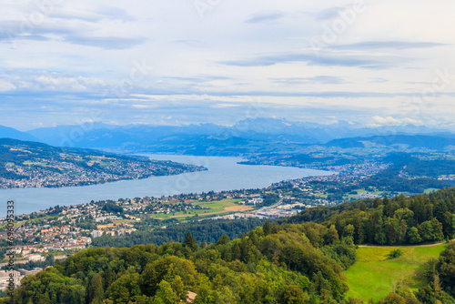 Fototapeta Naklejka Na Ścianę i Meble -  Aerial panorama of Zurich city and Lake Zurich from the Uetliberg mountain, Switzerland