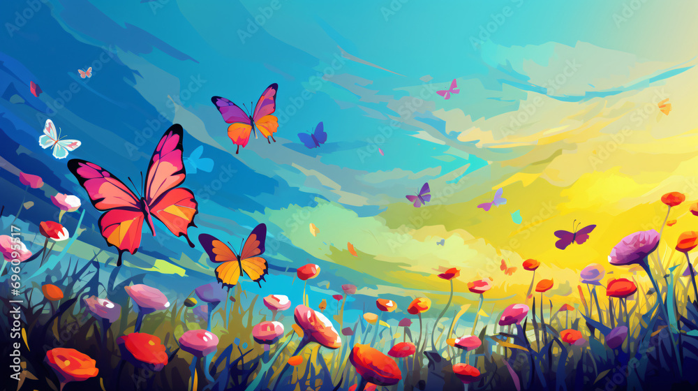 colored butterflies on a colored meadow Vector illustration