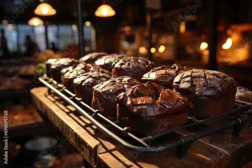 Banana brownie in a rustic bakery with rustic wood shelves., generative IA
