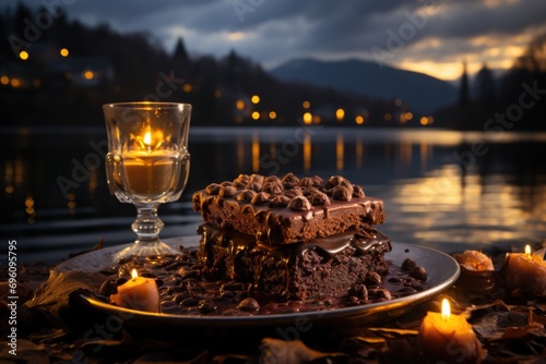 Coffee brownie in a lake coffee with mountain overlooking., generative IA