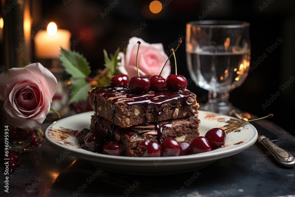 Cherry brownie on a silver plate under candlelight at a romantic dinner., generative IA