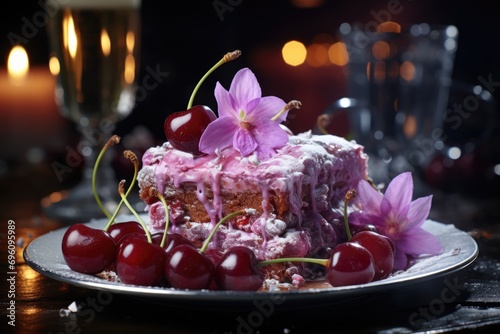 Cherry brownie on a silver plate under sparkling lights on a special night.  generative IA