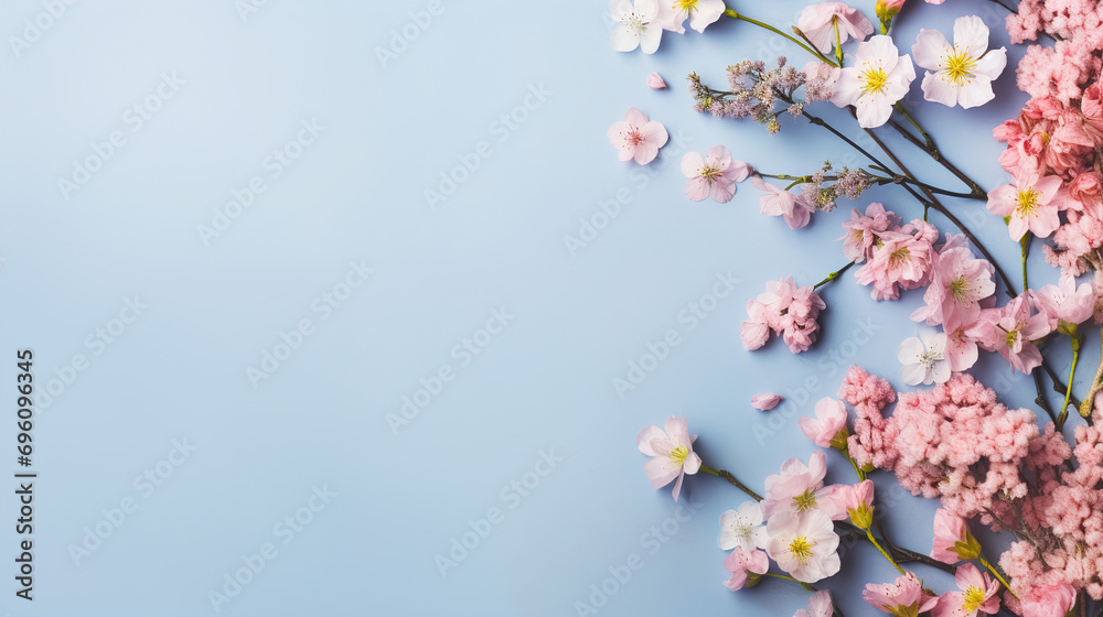Flat lay of spring flowers on blue background with copy space - obrazy, fototapety, plakaty 