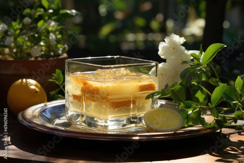 Lemon brownie on a glass plate, overlooking a lush garden., generative IA