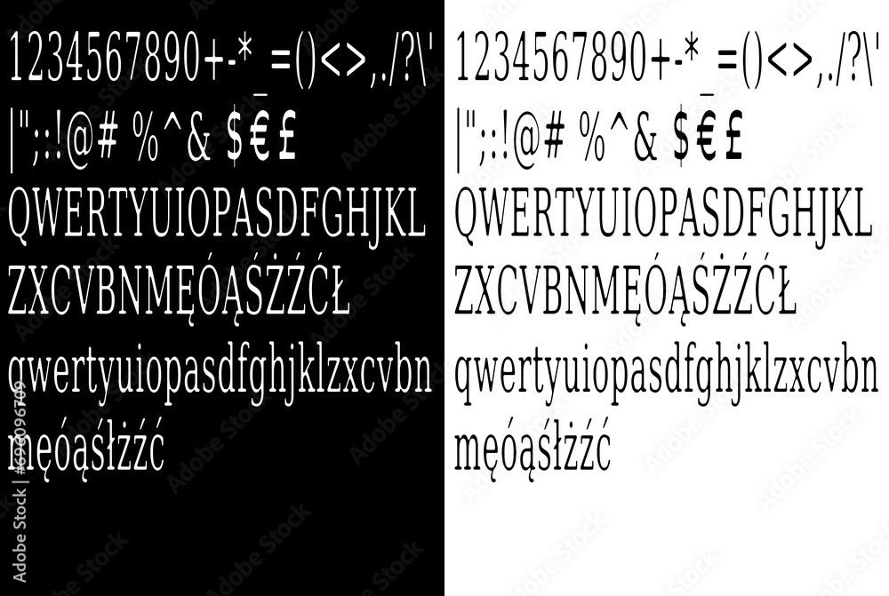 Black and white fonts with letters, numbers and special characters in